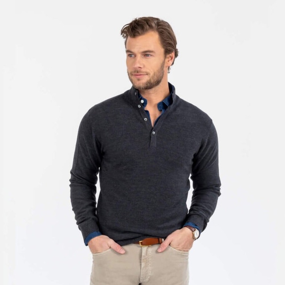 Ledbury The Charcoal Heather Reymond Mock Henley 100% Merino Wool Men’s Size XL